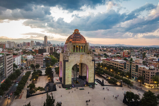 Aerial view of historical landmark Monument to the Revolution located at Plaza de la Republica in Mexico City, Mexico.