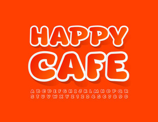 Vector bright logo Happy Cafe with Sticker Style Font. Orange Alphabet Letters and Numbers set