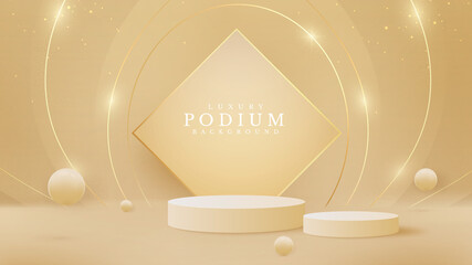 Realistic white product podium with golden circle round. Luxury 3d style background concept. Vector illustration for promoting sales and marketing.
