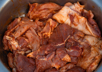 Closeup view of Marinated pork with spices in the basin.