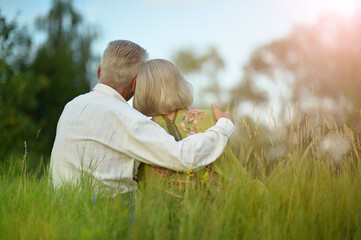 back view of  senior couple sitting on grass