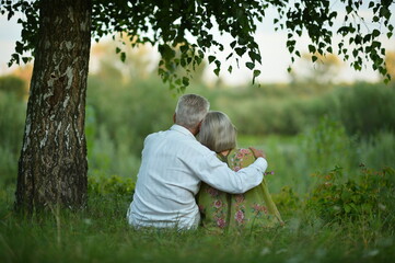 Fototapeta premium Back view of senior couple sitting on grass