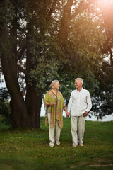 Happy senior couple walking   in park