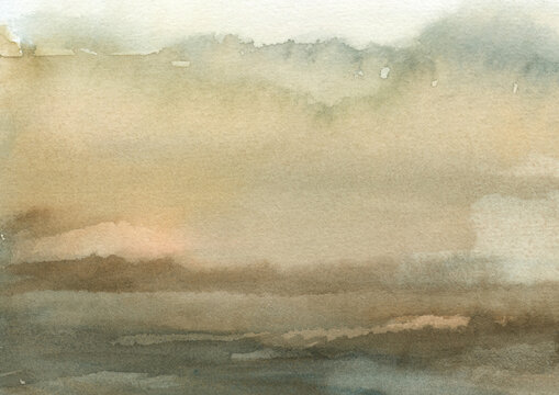Neutral brown abstract landscape and sky watercolor background with paper textured hand drawn painting