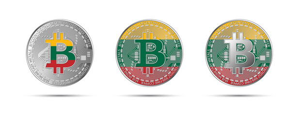 Three Bitcoin crypto coins with the flag of Lithuania. Money of the future. Modern cryptocurrency vector illustration