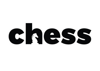 The word chess with knight embedded onto the letter H. Chess typography logo vector template. Isolated on white background.