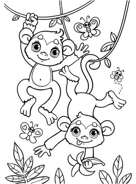 Coloring book of little baby monkeys are jumping on a branch. Black and white outline. Zoo. Animals of Africa. Illustration for kids. Coloring book. Monkey cartoon characters. Isolated coloring page