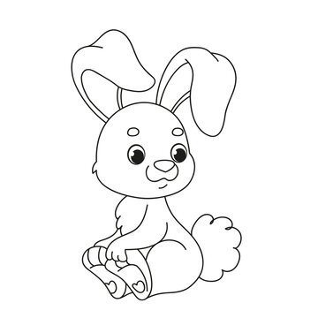 A cute rabbit is sitting. Children s cartoon coloring book. Black and white vector illustration with Easter bunny. Developing task for the kid fun