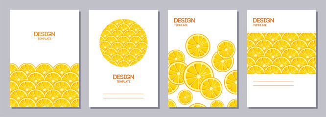 Set of flyers, posters, banners, placards, brochure design templates A6 size. Backgrounds with slices of orange. Fruits bright compositions. Vector illustrations.
