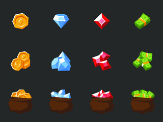 Money icons set. Isolated vector illustration of mobile game sprites. Design for stickers, logo, mobile app. Arcade or match 3 2d graphics game asset. Flat coin, ruby and dollar sprites sheet.