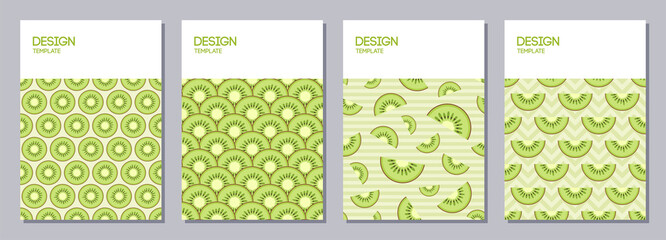 Set of flyers, posters, banners, placards, brochure design templates A6 size. Backgrounds with slices of kiwi. Fruits bright compositions. Vector illustrations.