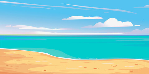 Deserted shore beach banner. Beautiful vector illustration. Blue sky and sandy shore. Summer vacation by the sea. Rest in Thailand. Hawaii resort. Template for text cartoon © GreenPencil