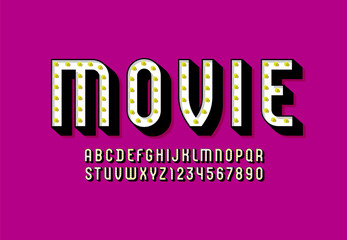 3D modern Font, retro alphabet, condensed letters and numbers with light bulbs, vector illustration 10eps