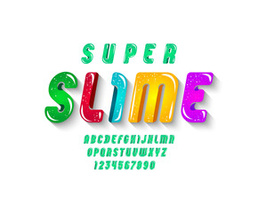 Super slime font, cute alphabet in the cartoon style, red rounded italic letters from A-Z and numbers from 0-9 for you designs: logo, t-shirt, card, poster, vector illustration 10EPS