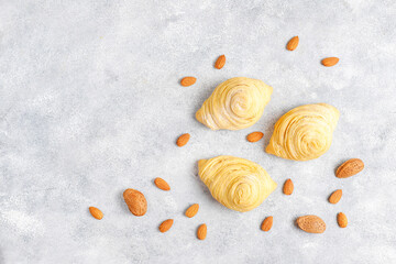 Traditional Azerbaijan holiday Novruz sweet badambura with almond.