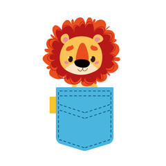 A little baby lion looks out of a blue pocket. Vector illustration in cartoon style for children. Isolated funny clipart on a white background. Nice print fun