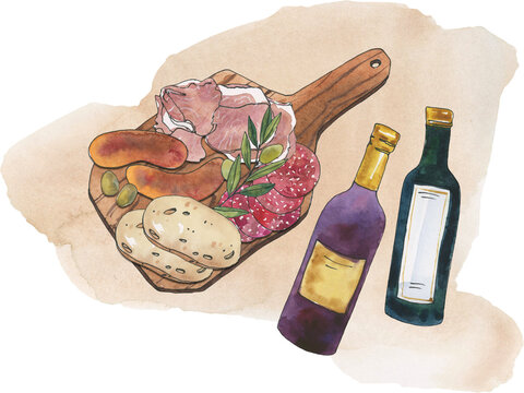 watercolor charcuterie board with wine bottles clip art preview