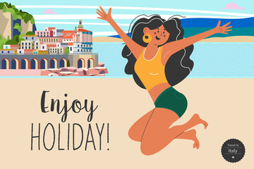 Enjoy holiday. Travel on vacation. Summer bright vector illustration, poster. - 435191945