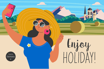 Travel on vacation and take selfies in the background of the sights. Enjoy holiday. Vector illustration. - 435191950