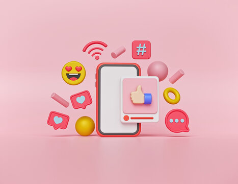 smartphone and social media icons isolated on pastel pink background. minimal trendy banner. 3d rendering