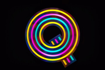 Luminous font letter Q with cyan, yellow and magenta triad colors on black background. Nice creative letter for merchandise designs. High definition 3D rendering.