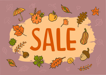 autumn fall seasonal hand drawn cartoon doodle sale banner with leaves pumpkins umbrella acorn chestnut decor elements