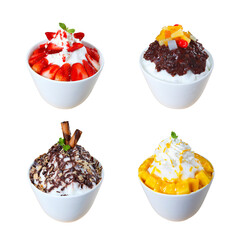Bingsu is a popular Korean shaved ice dessert with sweet toppings that may include chopped fruit, condensed milk, fruit syrup, and red beans.