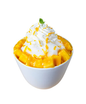 Bingsu is a popular Korean shaved ice dessert with sweet toppings that may include chopped fruit, condensed milk, fruit syrup, and red beans.