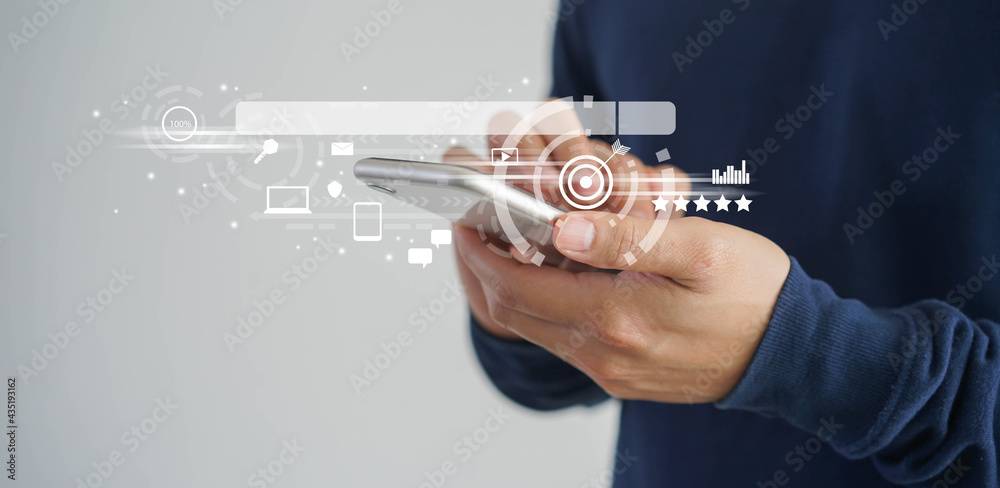 Sticker close up man hand touchscreen on smartphone to use search engine optimization (seo) tools for find c