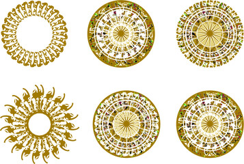Ornamental floral circles and frames with star element in golden tones on white.Vintage circles for textiles, wallpaper, sports games, prints, tattos, holidays and events, backgrounds and textures