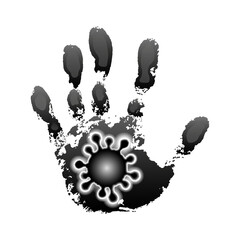 Coronavirus 2019-nCoV. Corona virus 3D icon. Black hand sign isolated on white background. Pathogen respiratory infection. Design bacteria-cell. Influenza pandemic. Corona-virus. Vector illustration