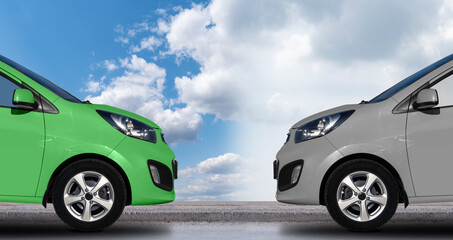 A green electric car in front of a gray petrol car. Clean transportation concept