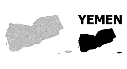 Polygonal mesh map of Yemen in high detail resolution. Mesh lines, triangles and dots form map of Yemen.