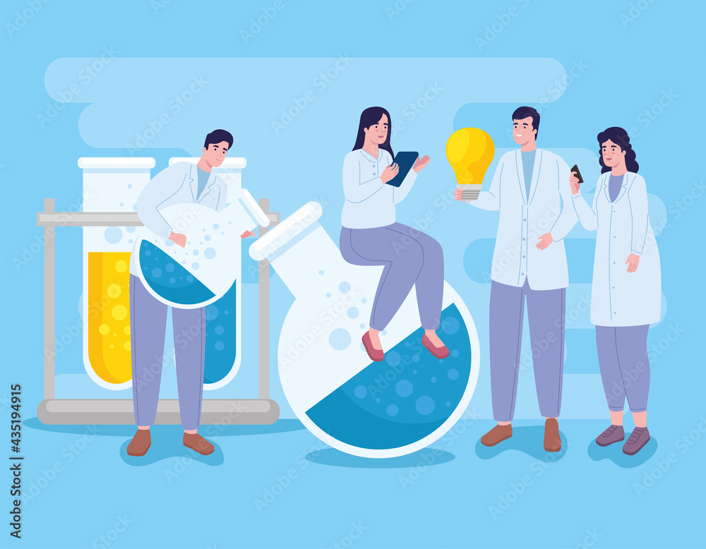 Sticker women and men with laboratory icons