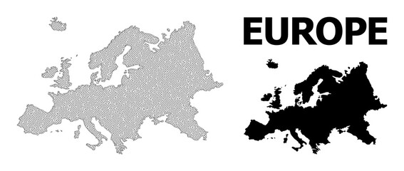Polygonal mesh map of Europe in high detail resolution. Mesh lines, triangles and dots form map of Europe. High detail wire frame carcass polygonal line network in vector format on a white background.
