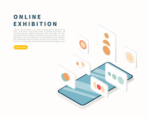 Online exhibition concept. Modern digital museum. Vector isometric illustration