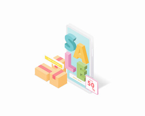 Online shopping isometric vector illustration. Business and online marketing promotion. Vector illustration.