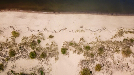 A top down drone shot of the sandy beach by the Baltic Sea on Sobieszewo island, Poland. The waves are gently rushing to the shore. The beach is overgrown with some bushes and grass. Waves meditation