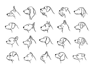 collection of dogs heads profile side view portraits silhouettes in black color