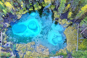 geyser lake altai aerial view from drone, blue lake landscape