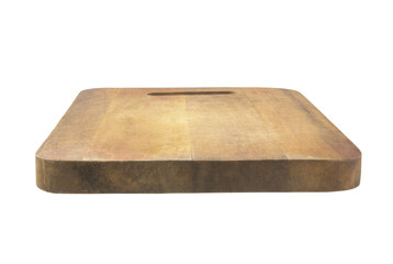 Old used wooden cutting board isolated on white background	