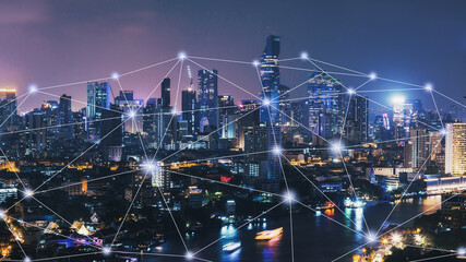 Smart Network and Connection city of Bangkok Thailand at night