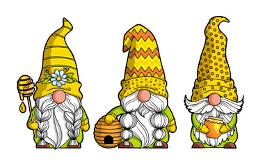 set gnomes bee for beekeeper in yellow hat with spoon of honey, beehive and jar of honey spring summer dwarf Gnome love. Hand-drawn drawings isolated on white background, for printing greeting cards.