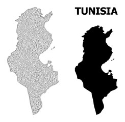 Polygonal mesh map of Tunisia in high resolution. Mesh lines, triangles and dots form map of Tunisia. High resolution wire frame carcass polygonal line network in vector format on a white background.