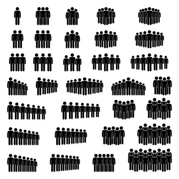 Group of stick figure people men standing, waiting in line, queue, row vector icon illustration set. Stickman crowd staff community pictogram silhouette on white background