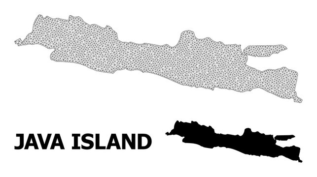Polygonal mesh map of Java Island in high resolution. Mesh lines, triangles and dots form map of Java Island.