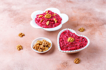 Beetroot salad with wallnuts and mayonnaise,garlic.