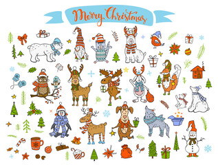 merry christmas  happy new year winter cartoon cute funny animals in santa hats scarfs with presents collection. polar bears, reindeer, deer, fox, cat, dog, wolf, rabbit, penguin, owl, birds, gnome 