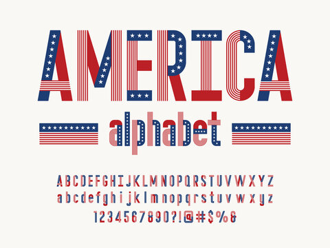 America flag style alphabet design with uppercase, lowercase, numbers and symbols