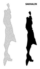 Polygonal mesh map of Sakhalin Island in high detail resolution. Mesh lines, triangles and dots form map of Sakhalin Island.